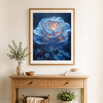Finished glowing blue rose cross stitch artwork displayed as home decor