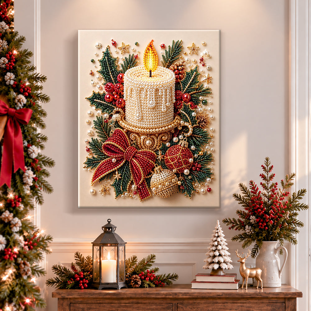 Finished glowing christmas candle pearl diamond painting artwork displayed as holiday home decor
