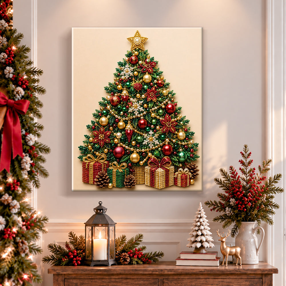 Finished glowing christmas tree pearl diamond painting artwork displayed as holiday home decor
