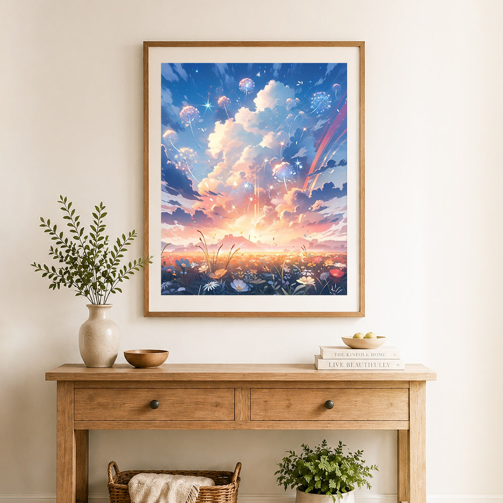 Finished glowing dandelion sky scenery cross stitch artwork displayed as home decor