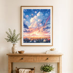Finished glowing dandelion sky scenery cross stitch artwork displayed as home decor