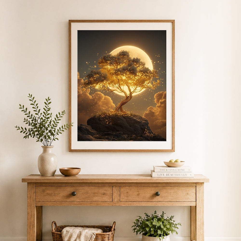 Finished glowing golden tree under full moon cross stitch artwork displayed as home decor
