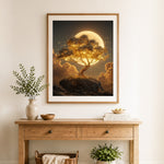 Finished glowing golden tree under full moon cross stitch artwork displayed as home decor