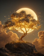 Glowing golden tree under full moon cross stitch kit for beginners
