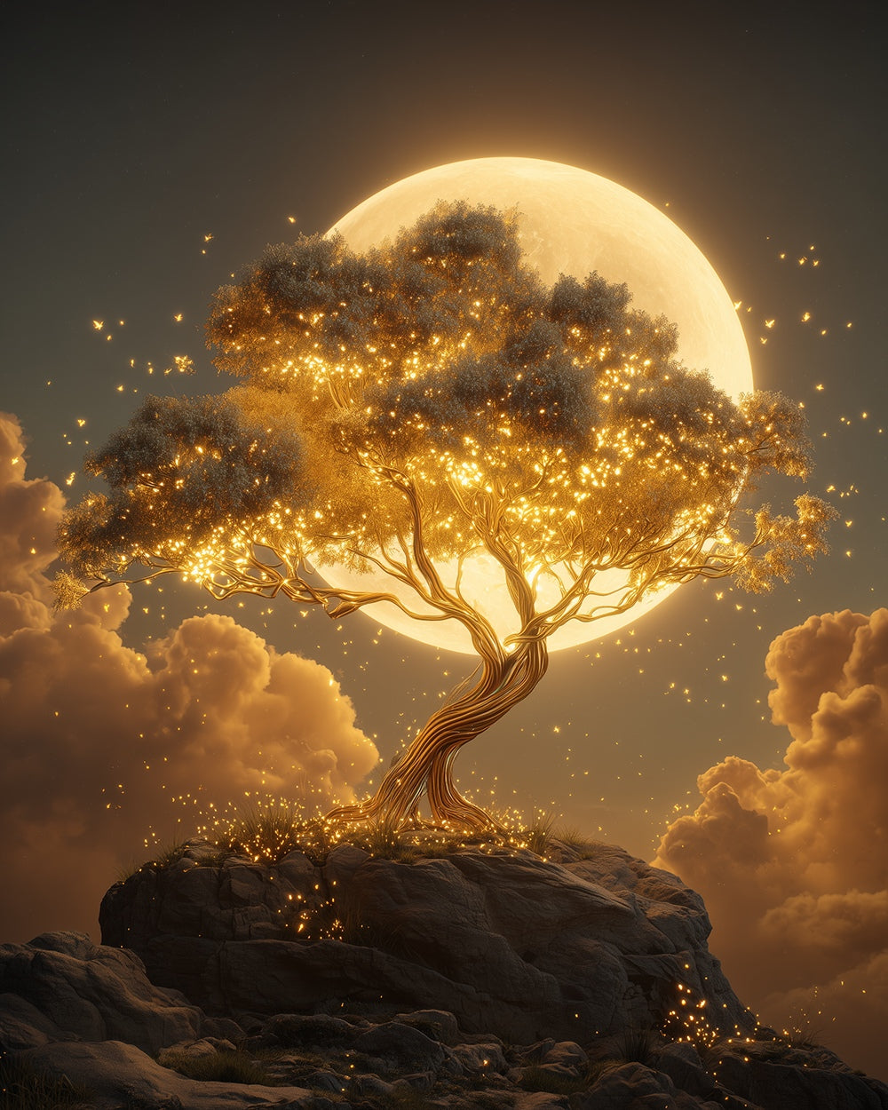 Glowing golden tree under full moon cross stitch kit for beginners