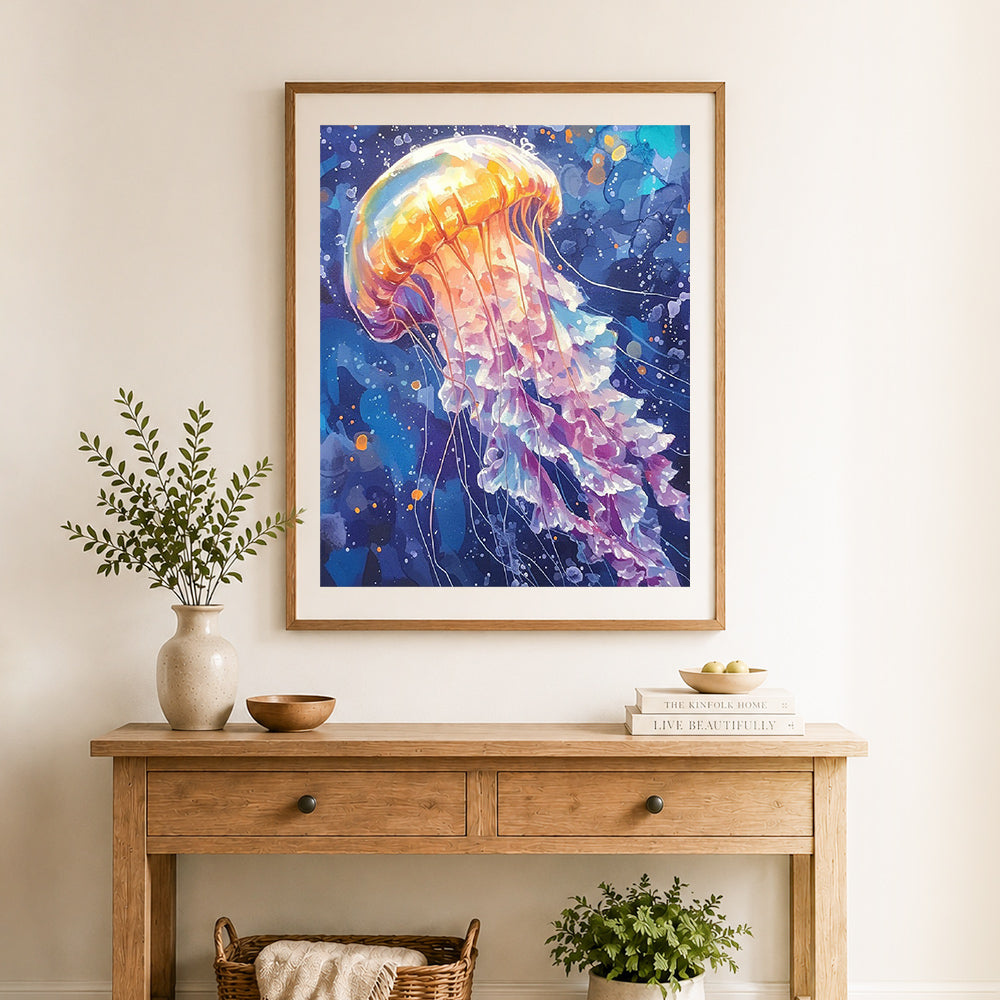 Finished glowing jellyfish cross stitch artwork displayed as home decor