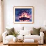 Finished glowing magic tree on water cross stitch artwork displayed as home decor