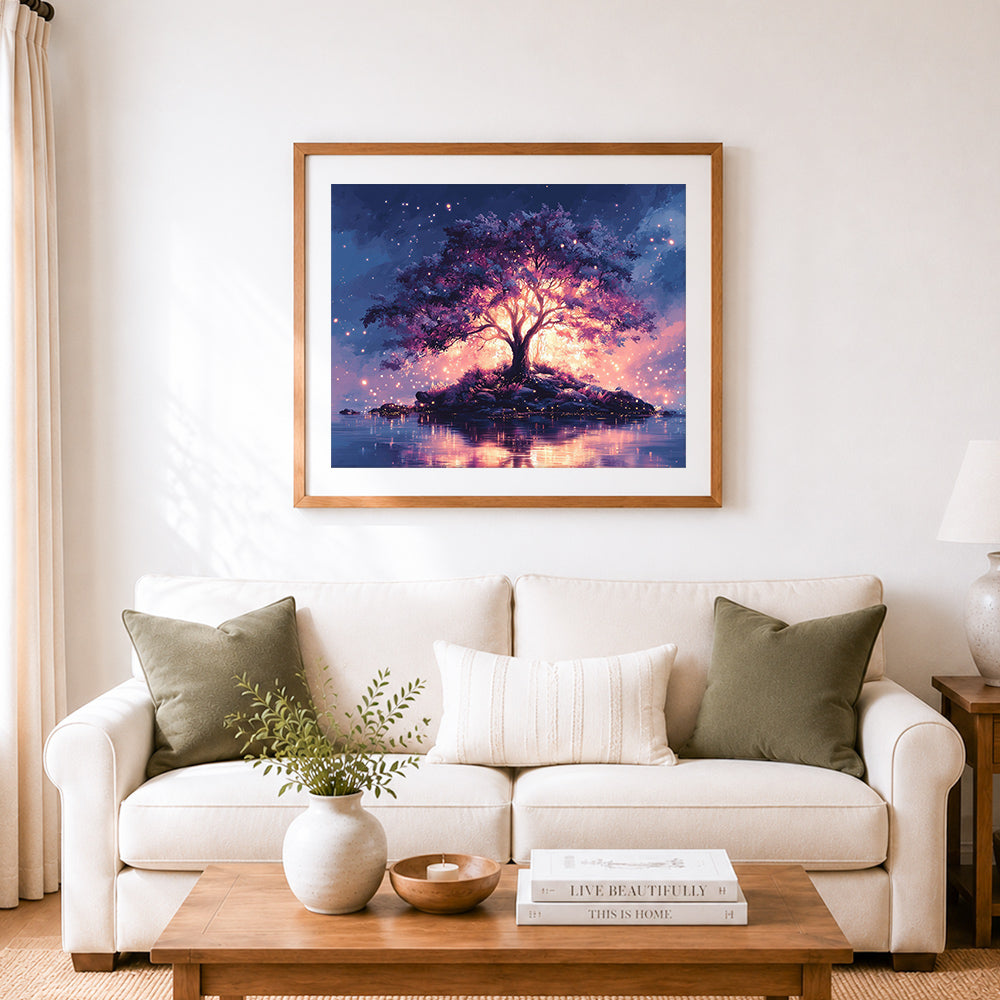 Finished glowing magic tree on water cross stitch artwork displayed as home decor