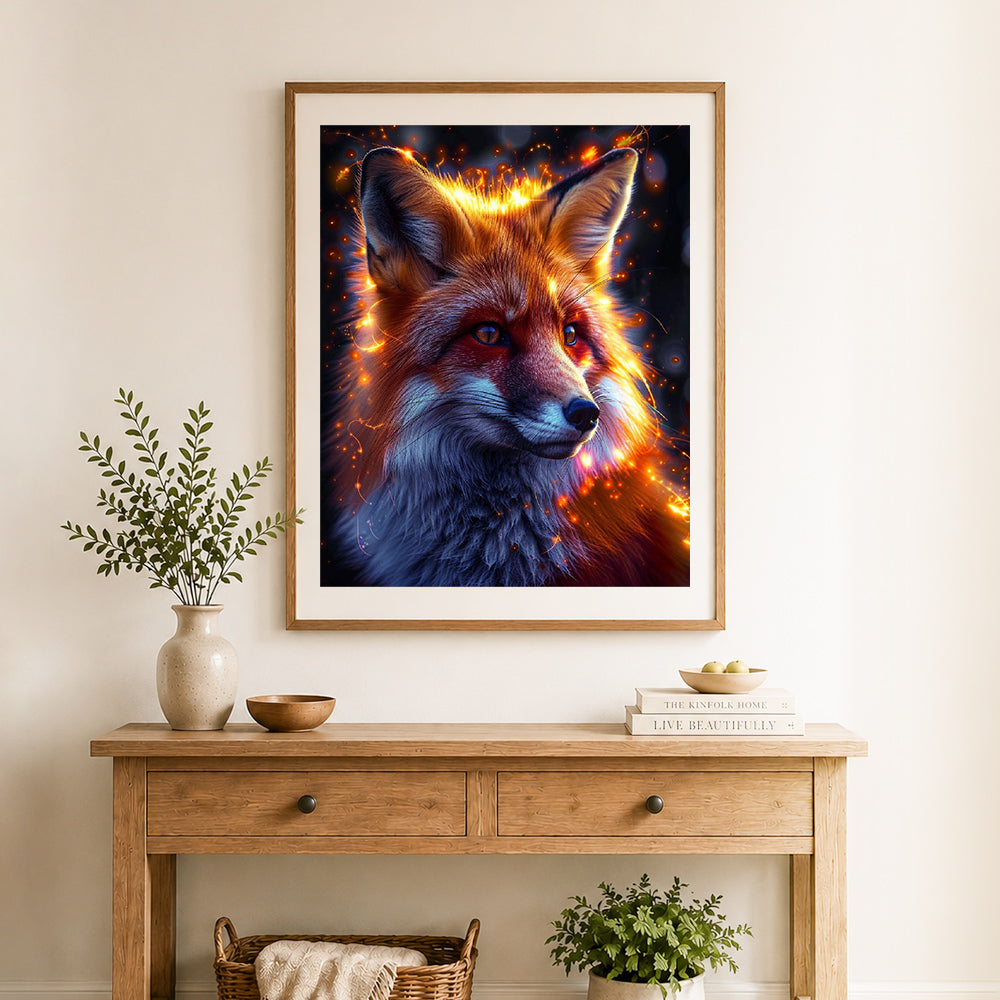Finished glowing magical red fox cross stitch artwork displayed as home decor