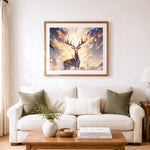 Finished glowing magical stag cross stitch artwork displayed as home decor
