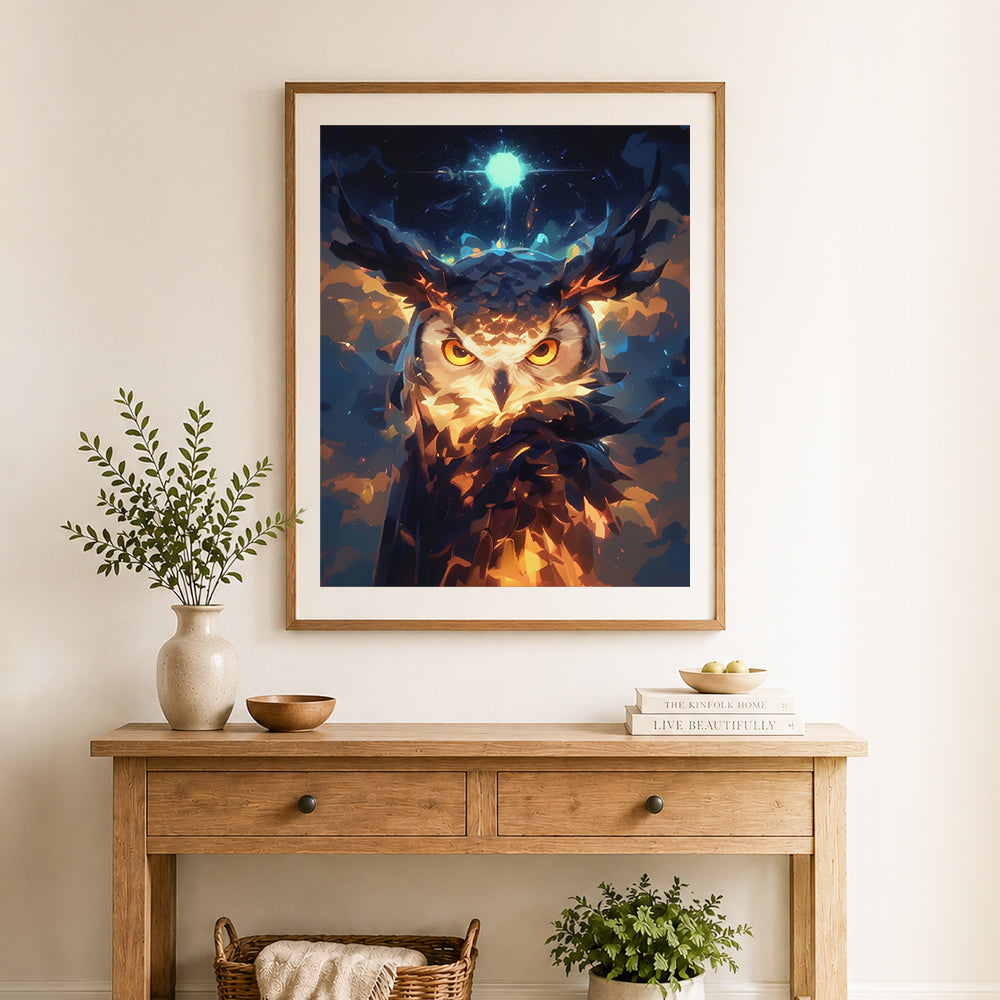 Finished glowing mystic owl cross stitch artwork displayed as home decor