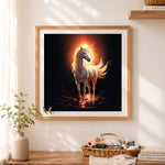 Finished glowing mystic unicorn cross stitch artwork displayed as home decor