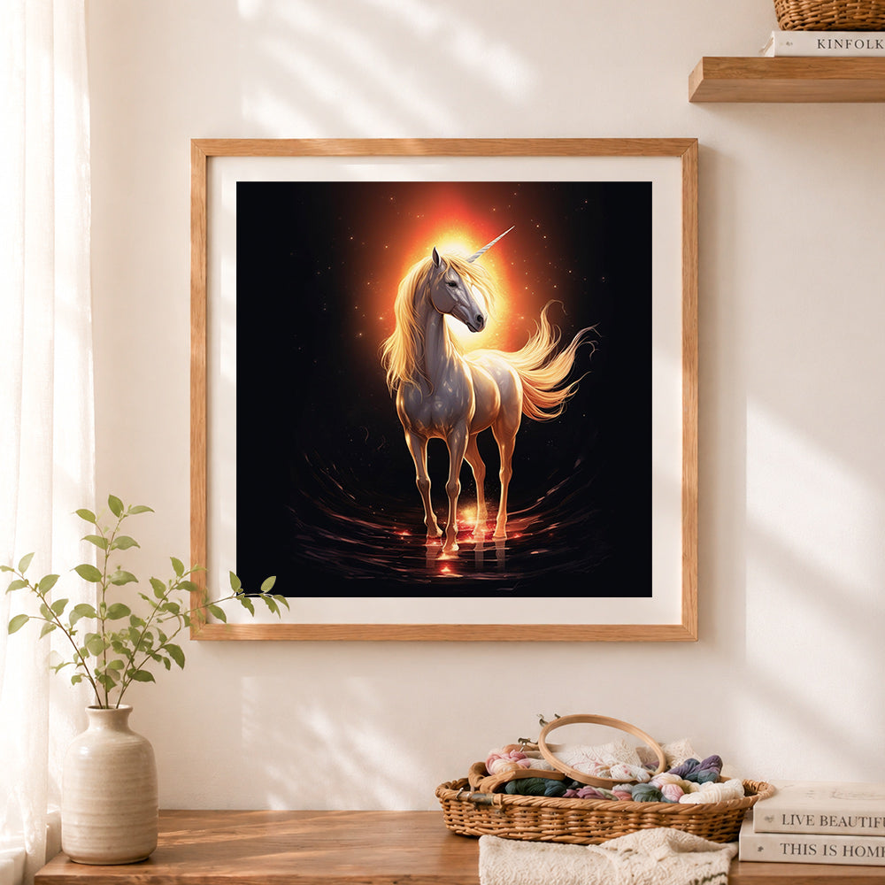 Finished glowing mystic unicorn cross stitch artwork displayed as home decor
