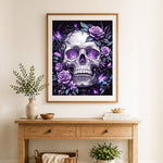 Finished glowing purple eye skull with roses cross stitch artwork displayed as home decor