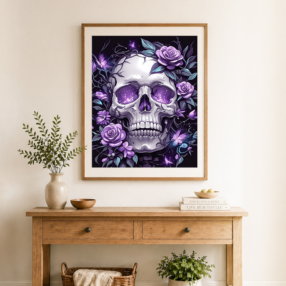 Finished glowing purple eye skull with roses cross stitch artwork displayed as home decor