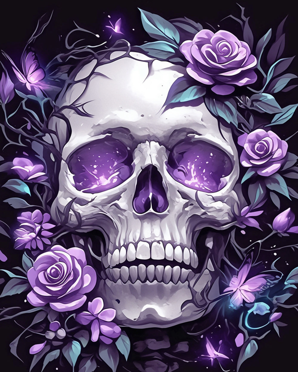 Glowing purple eye skull with roses cross stitch kit for beginners