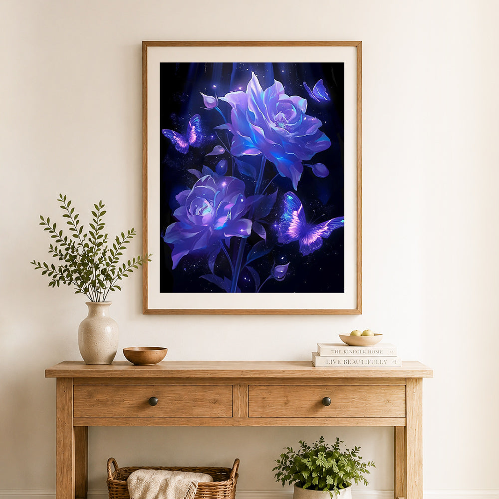 Finished glowing purple roses cross stitch artwork displayed as home decor