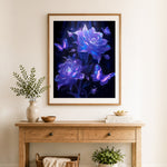 Finished glowing purple roses cross stitch artwork displayed as home decor