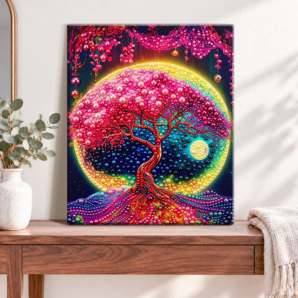 Finished glowing tree of life pearl diamond painting artwork displayed as home decor