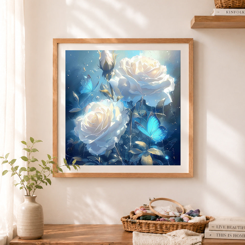 Finished glowing white roses with blue butterflies cross stitch artwork displayed as home decor