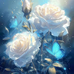 Glowing white roses with blue butterflies cross stitch kit for beginners