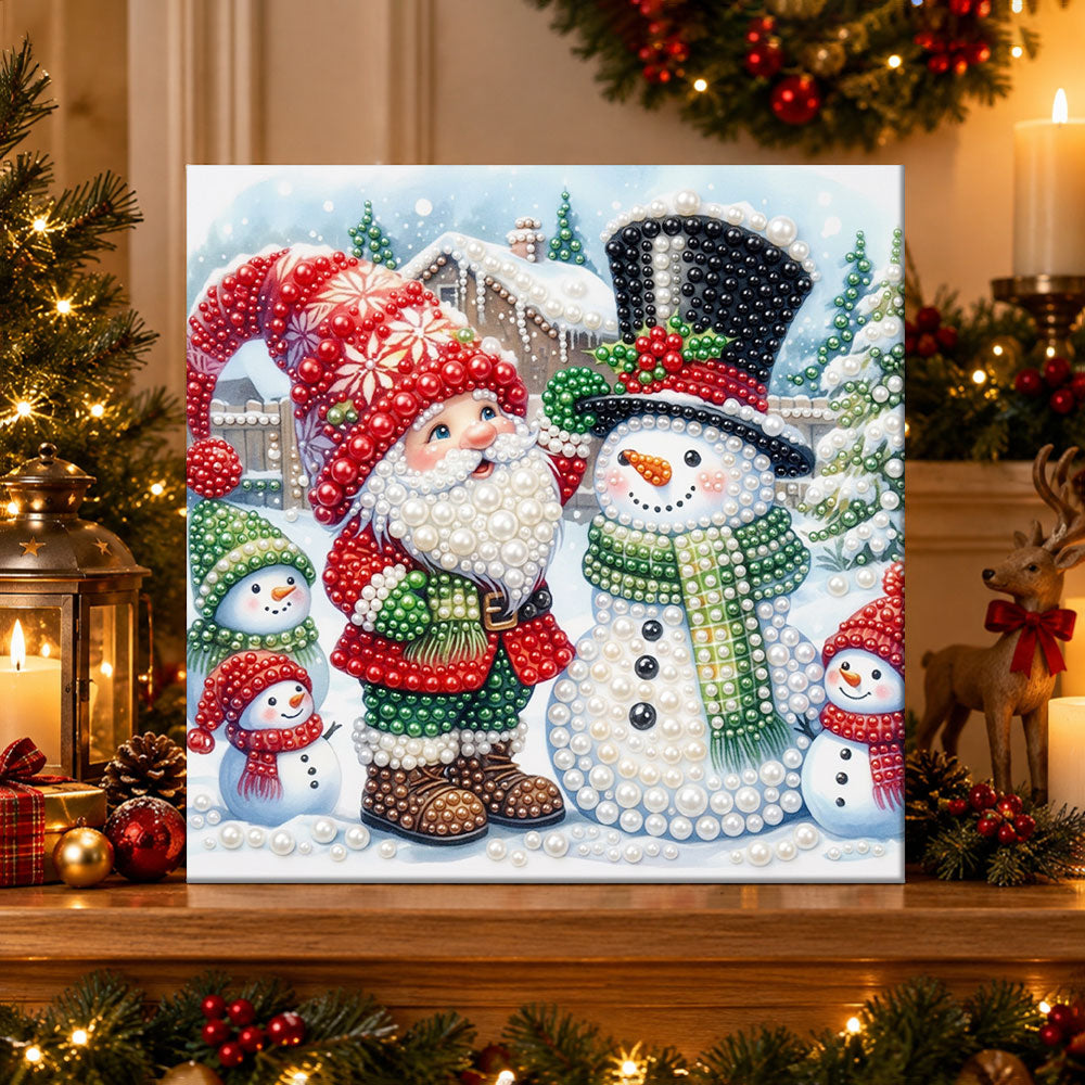 Finished gnome and snowman in winter pearl diamond painting artwork displayed as holiday home decor