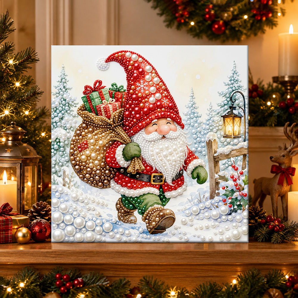 Finished gnome carrying gift sack pearl diamond painting artwork displayed as holiday home decor