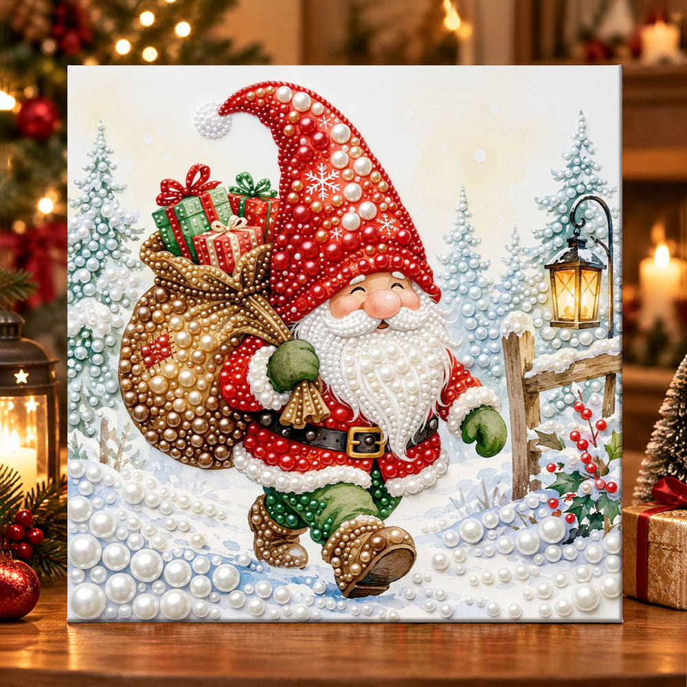 Gnome carrying gift sack pearl diamond painting kit for beginners