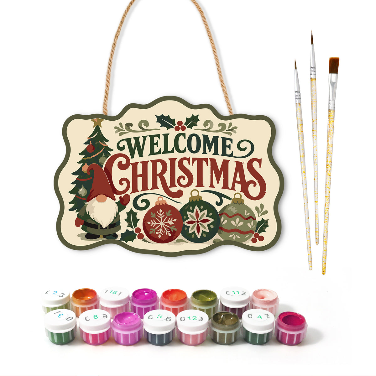 Gnome christmas welcome paint by numbers door hanger with paints and brushes