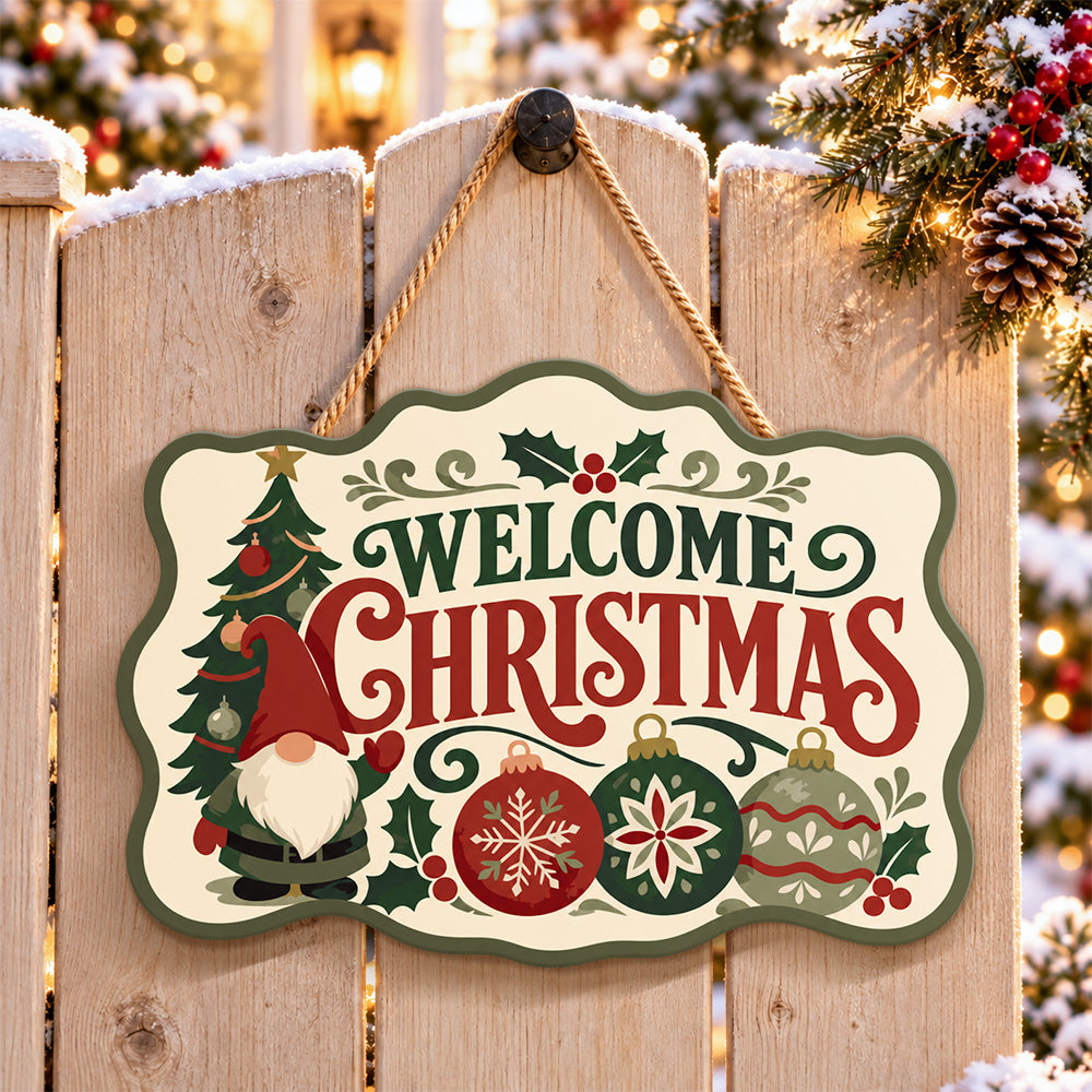 Gnome christmas welcome paint by numbers door hanger on a garden gate