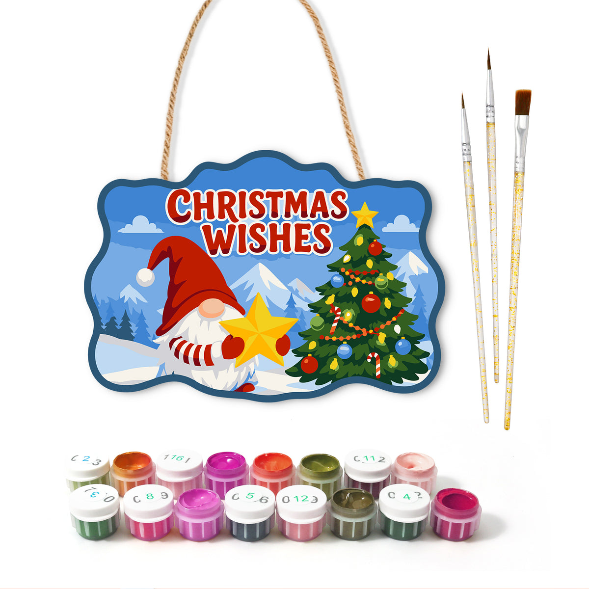 Gnome christmas wishes tree paint by numbers door hanger with paints and brushes