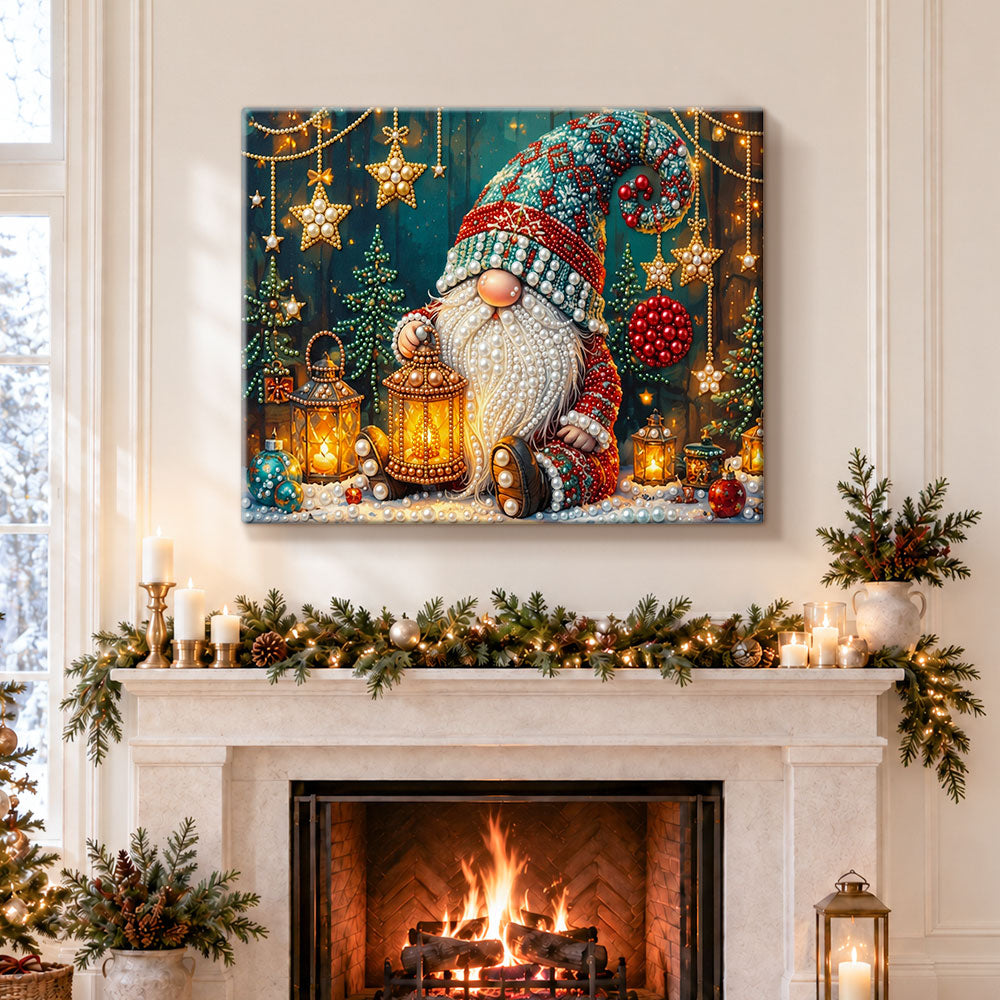 Finished gnome holding glowing lantern pearl diamond painting artwork displayed as holiday home decor