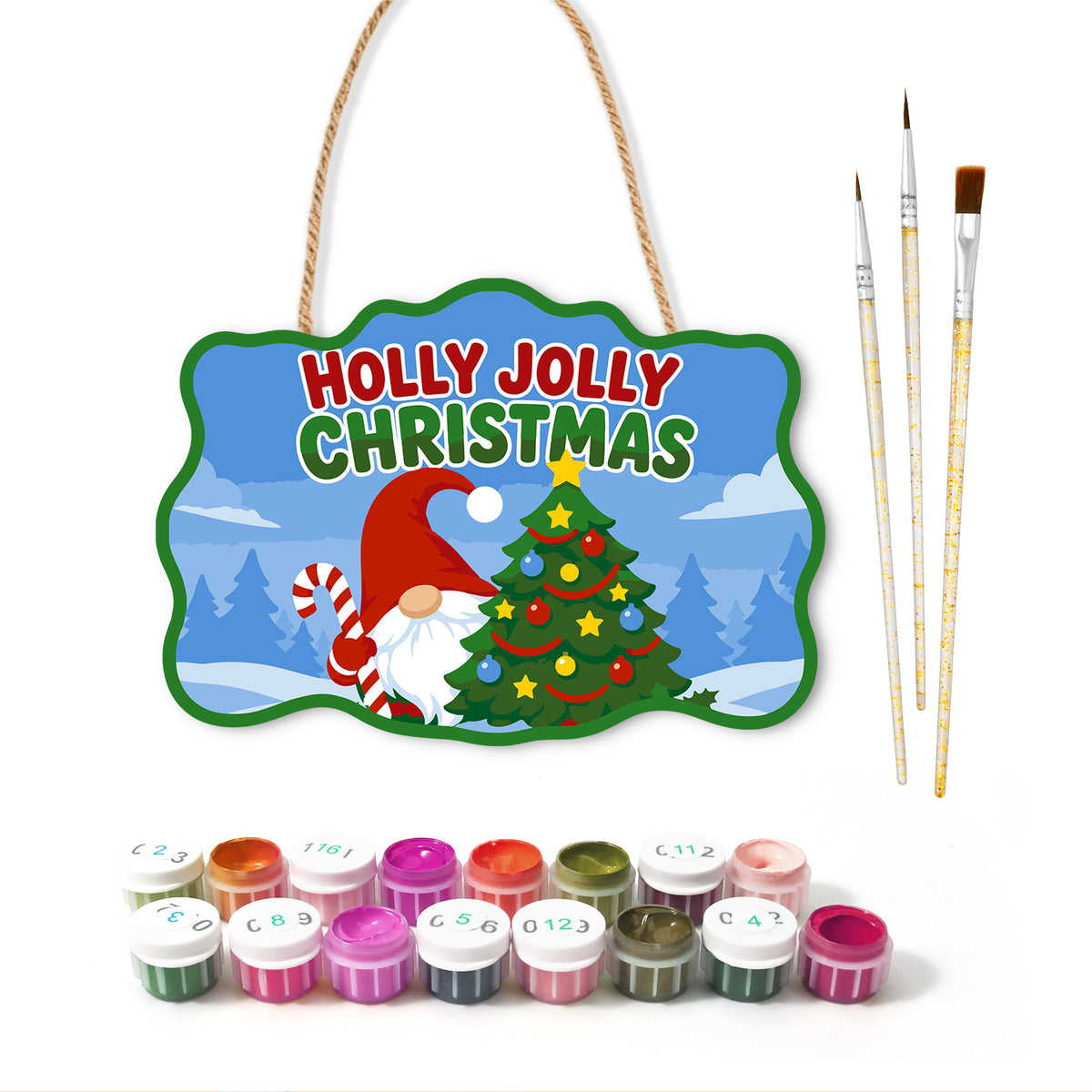 Gnome holly jolly christmas paint by numbers door hanger with paints and brushes