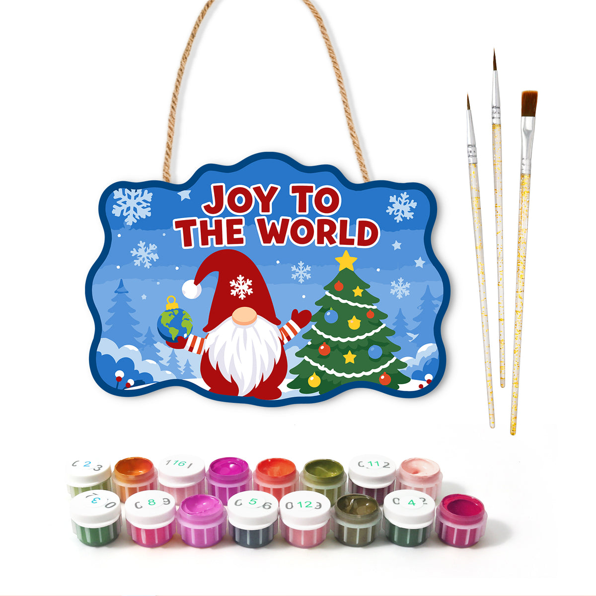 Gnome joy to the world paint by numbers door hanger with paints and brushes