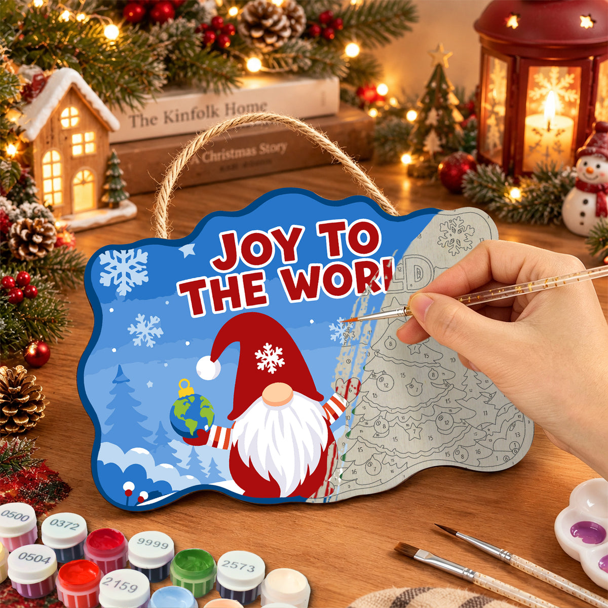 Gnome joy to the world paint by numbers door hanger painting process