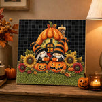 Finished gnome pumpkin cottage fall vibe pearl diamond painting artwork displayed as holiday home decor