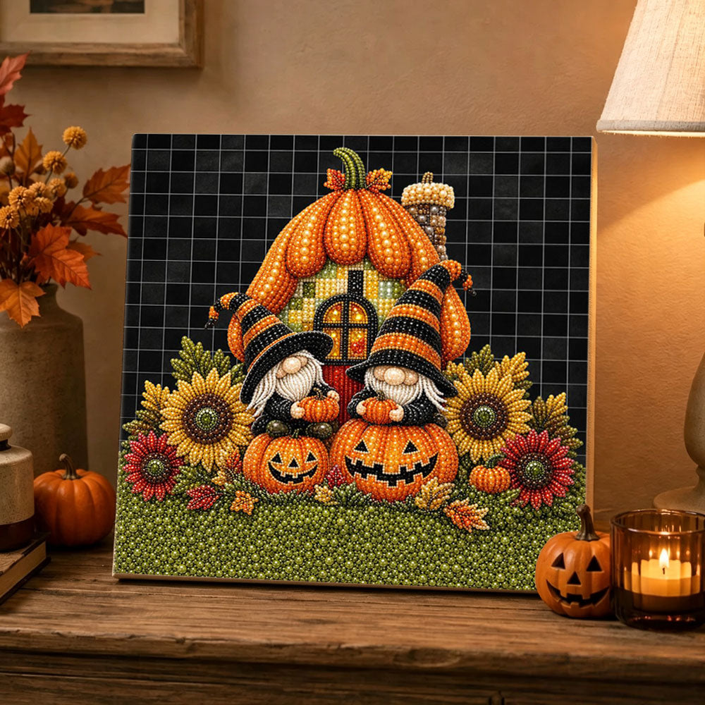 Finished gnome pumpkin cottage fall vibe pearl diamond painting artwork displayed as holiday home decor