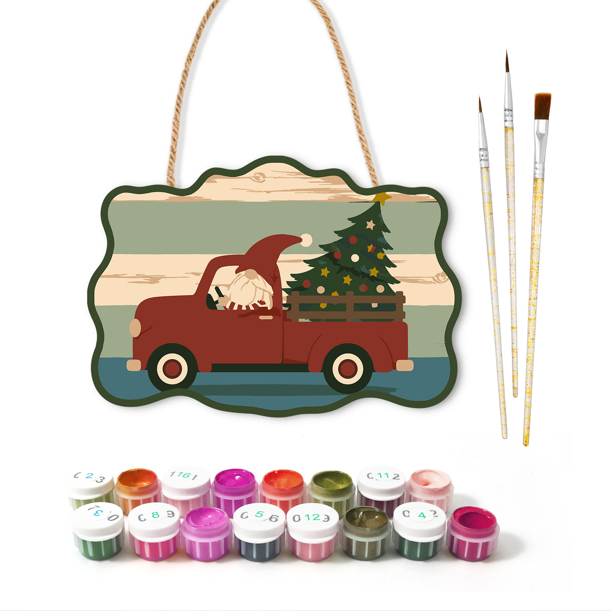 Gnome red truck trip paint by numbers door hanger with paints and brushes