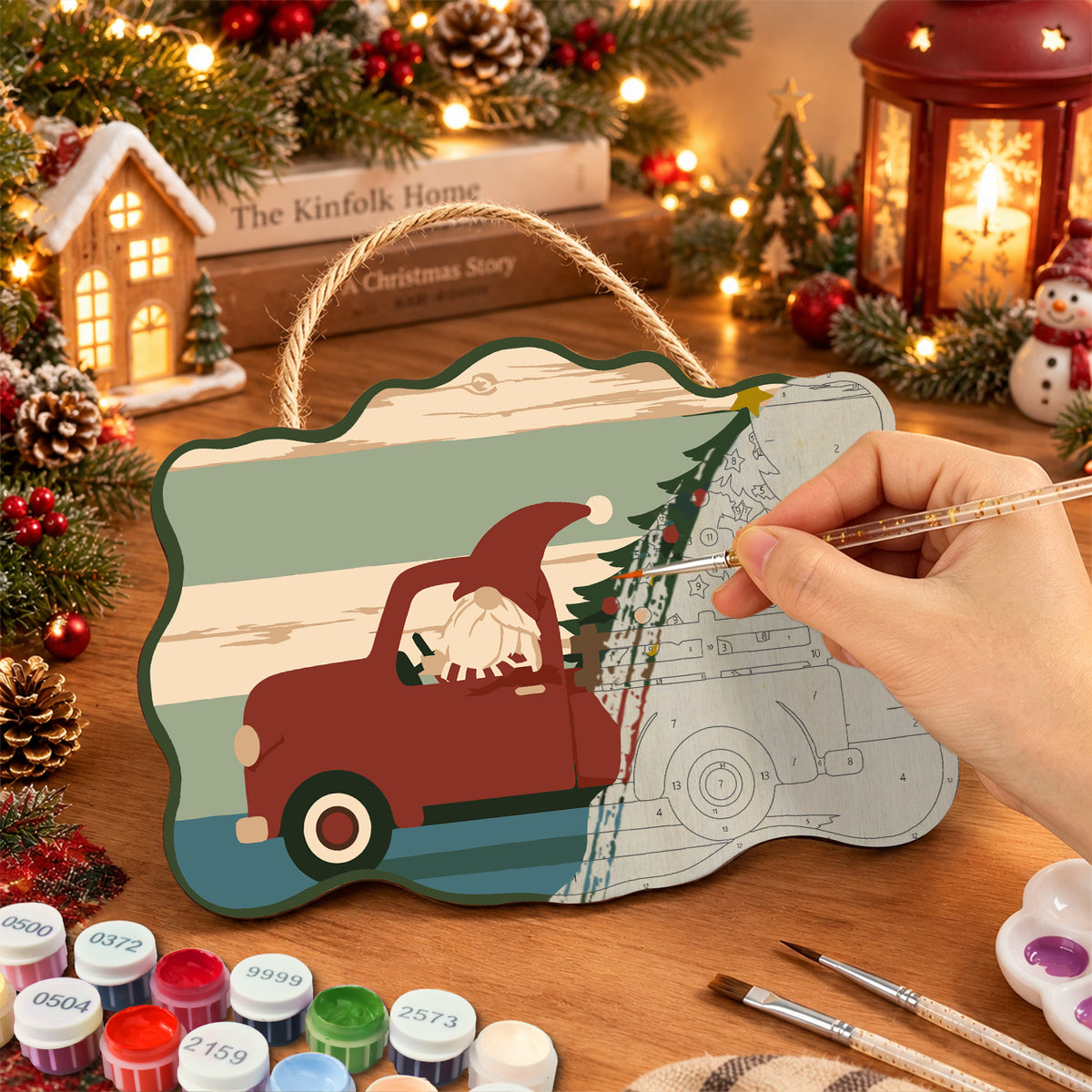 Gnome red truck trip paint by numbers door hanger painting process