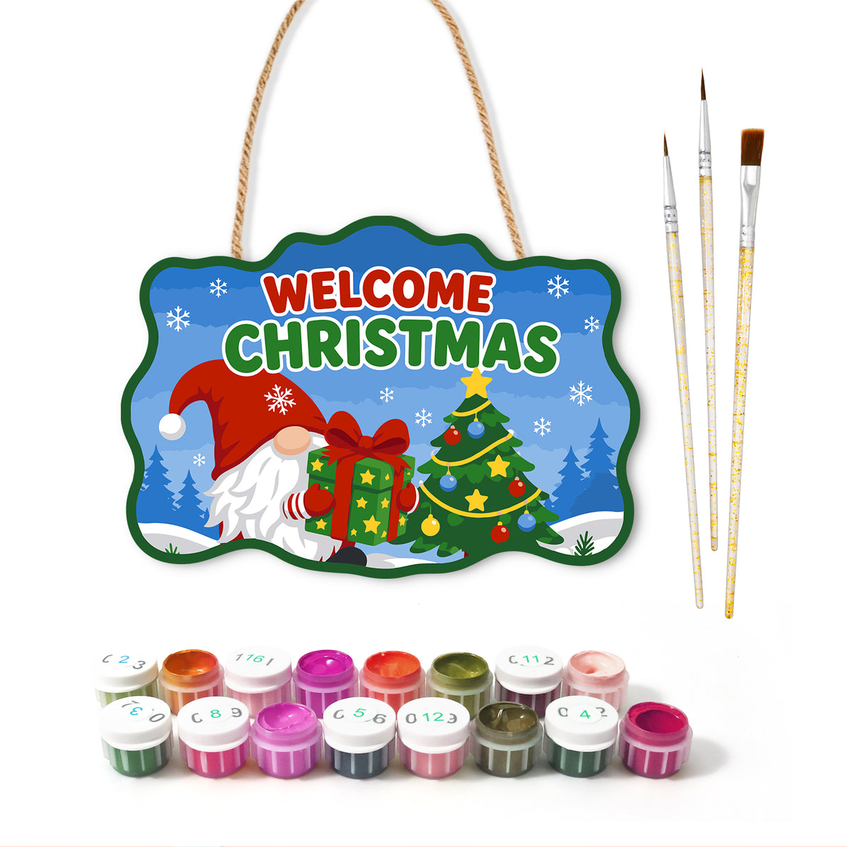 Gnome welcome christmas gift paint by numbers door hanger with paints and brushes