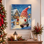 Finished gnome winter night stroll pearl diamond painting artwork displayed as holiday home decor