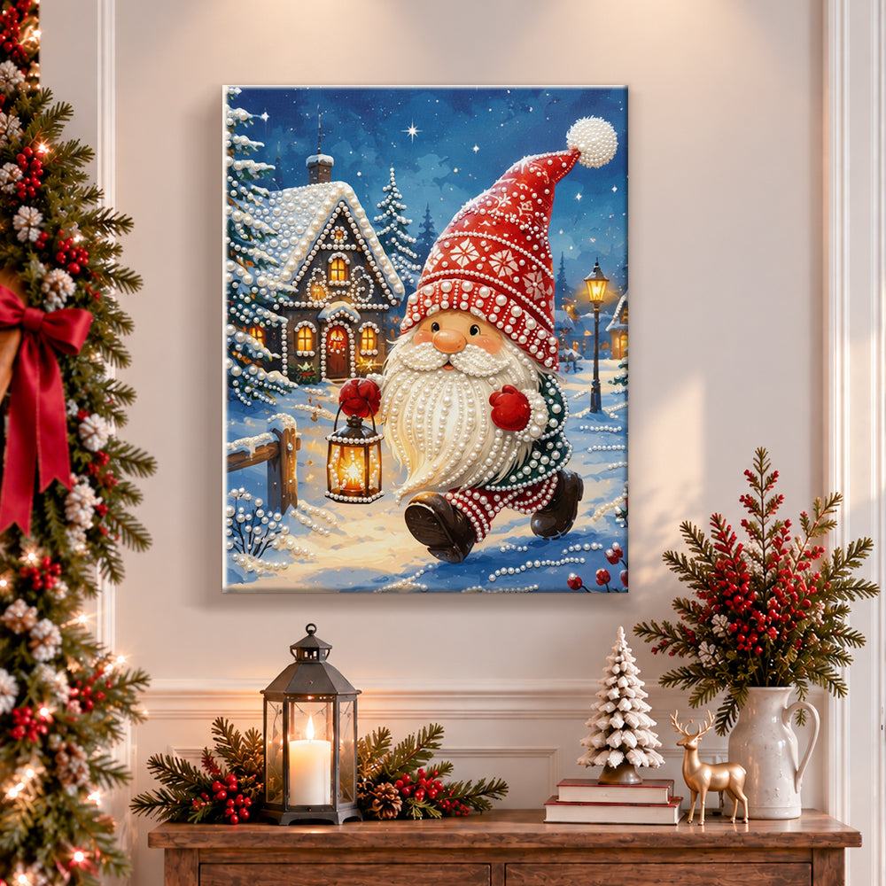 Finished gnome winter night stroll pearl diamond painting artwork displayed as holiday home decor