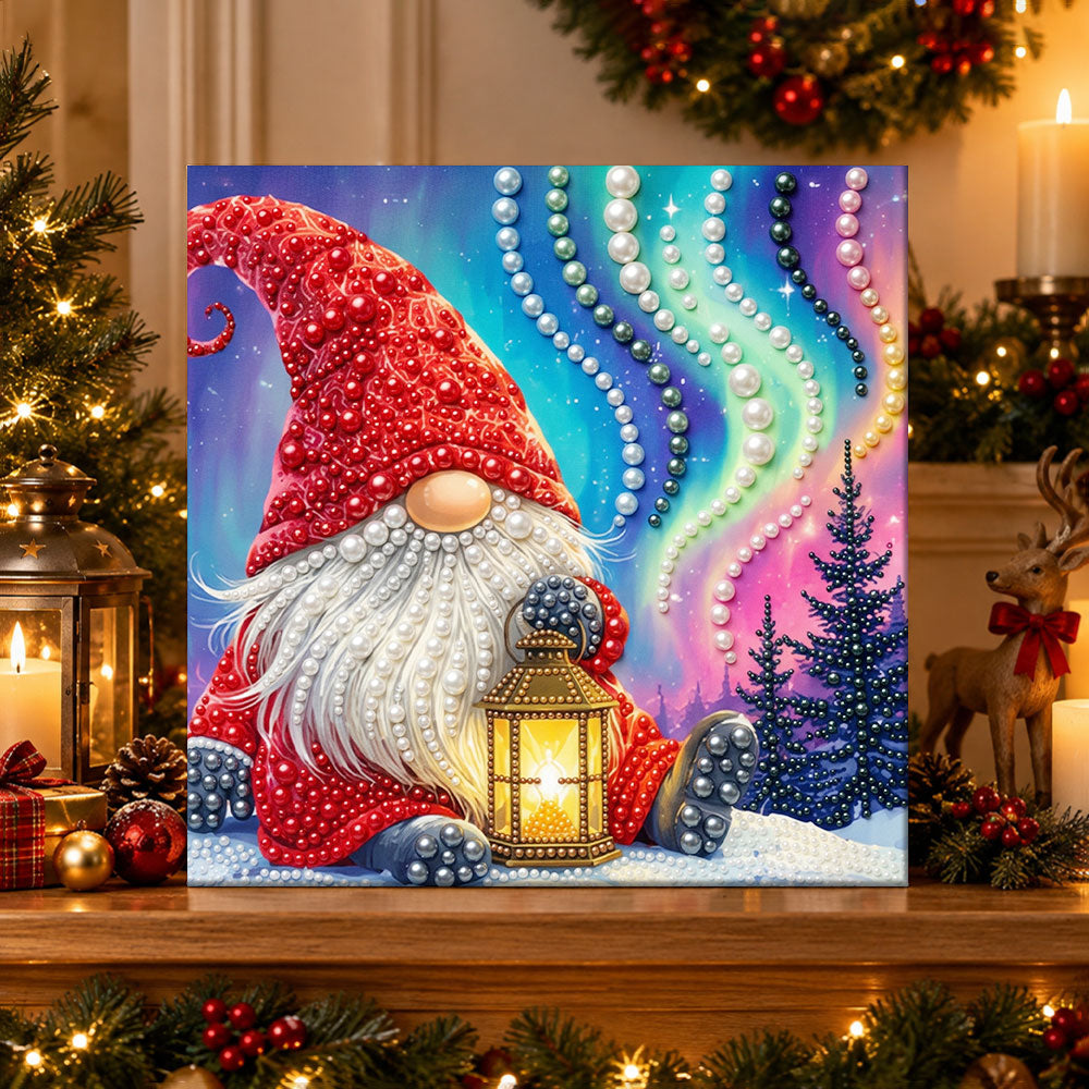 Finished gnome with lantern aurora sky pearl diamond painting artwork displayed as holiday home decor