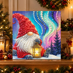 Finished gnome with lantern aurora sky pearl diamond painting artwork displayed as holiday home decor