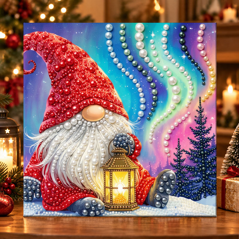Gnome with lantern aurora sky pearl diamond painting kit for beginners
