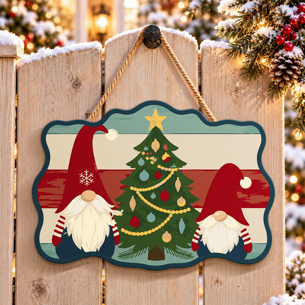 Gnomes with christmas tree paint by numbers door hanger on a garden gate