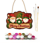 Gnomes with wreath paint by numbers door hanger with paints and brushes