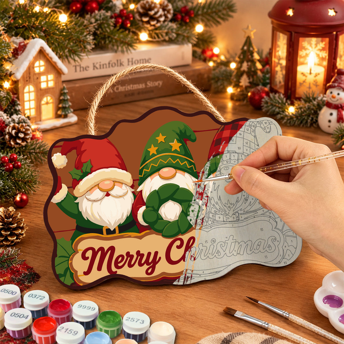 Gnomes with wreath paint by numbers door hanger painting process