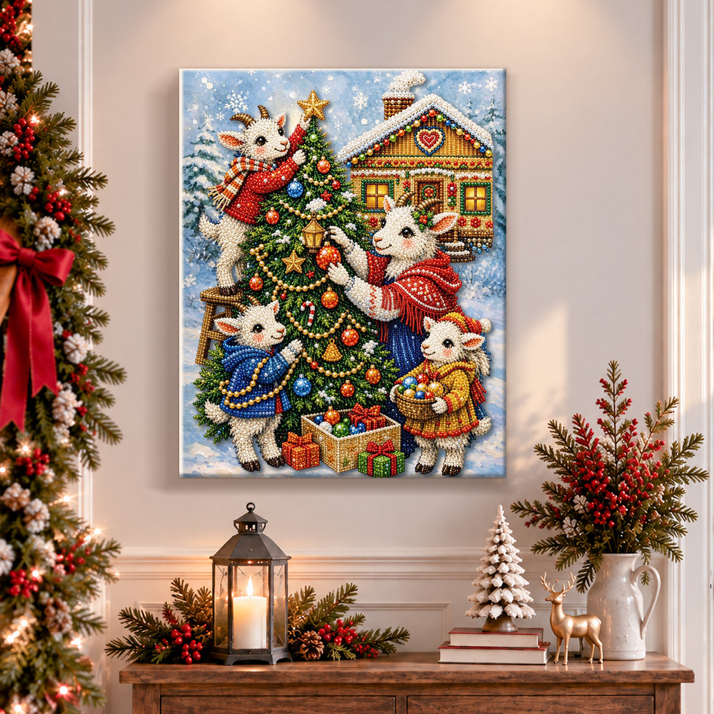 Finished goat family decorating christmas tree pearl diamond painting artwork displayed as holiday home decor