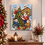 Finished goat family decorating christmas tree pearl diamond painting artwork displayed as holiday home decor